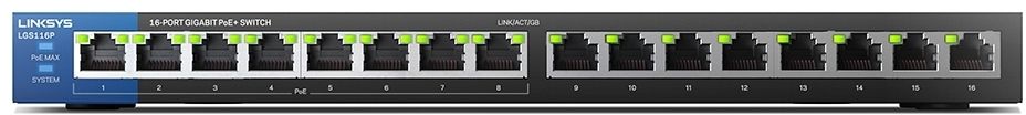 Linksys LGS116P 16-port Unmanaged Gigabit PoE+ Switch (80W)